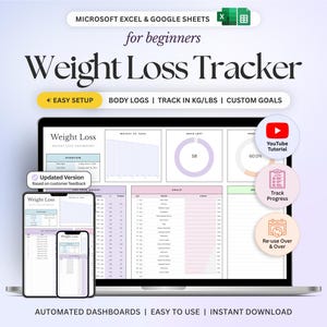 Weight Loss Tracker Spreadsheet for Google Sheets, Weight Journal, Weight Loss Planner, Daily Weekly Weigh-in Chart, Body Measurement Log