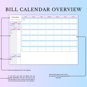 May include: A printable bill calendar overview for October. The calendar has a pink and blue colour scheme and includes a section for bills and debts. It also includes instructions on how to use the calendar.