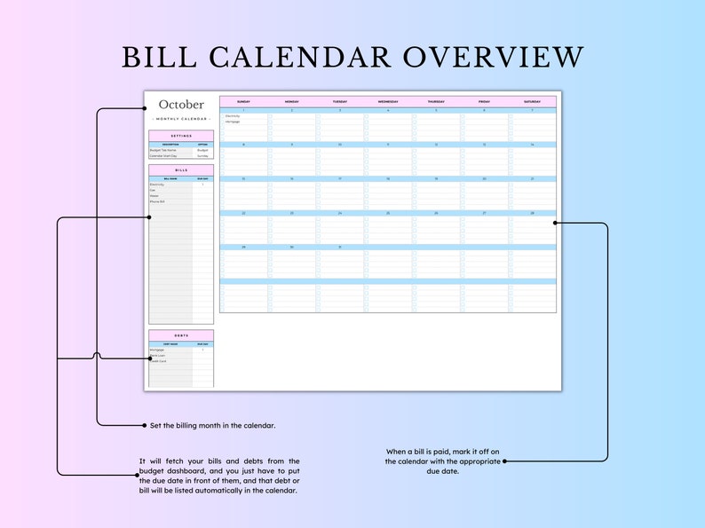 May include: A printable bill calendar overview for October. The calendar has a pink and blue colour scheme and includes a section for bills and debts. It also includes instructions on how to use the calendar.