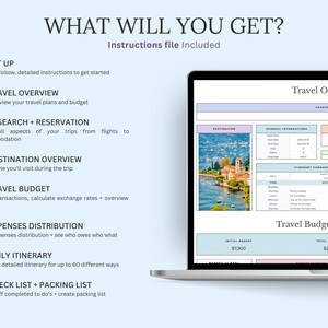 May include: A laptop displays a travel overview template with sections for destination, itinerary, and budget. The screen shows a scenic photo and data fields. Text on the screen includes "Travel Overview" and "Travel Budget Overview."