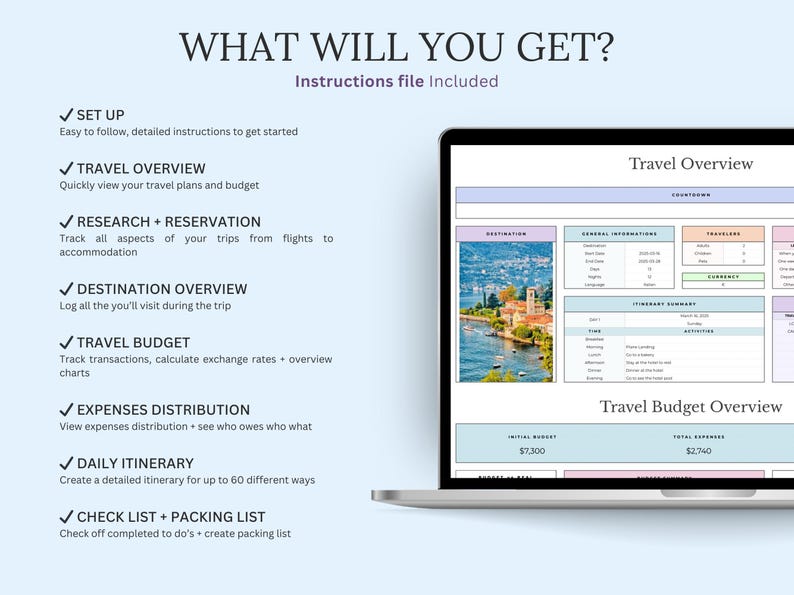 May include: A laptop displays a travel overview template with sections for destination, itinerary, and budget. The screen shows a scenic photo and data fields. Text on the screen includes "Travel Overview" and "Travel Budget Overview."