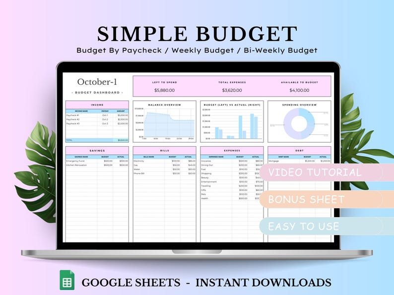 Google Sheets Budget Planner template for monthly budgeting, tracking weekly and biweekly budgets, paycheck budgeting, and managing finances with a budget-by-paycheck approach