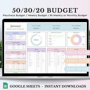 Foglio di calcolo per il budget 50/30/20, modello di budget per Google Fogli, pianificatore di budget mensile, budget per busta paga, budget settimanale, strumento di monitoraggio del budget 70/20/10