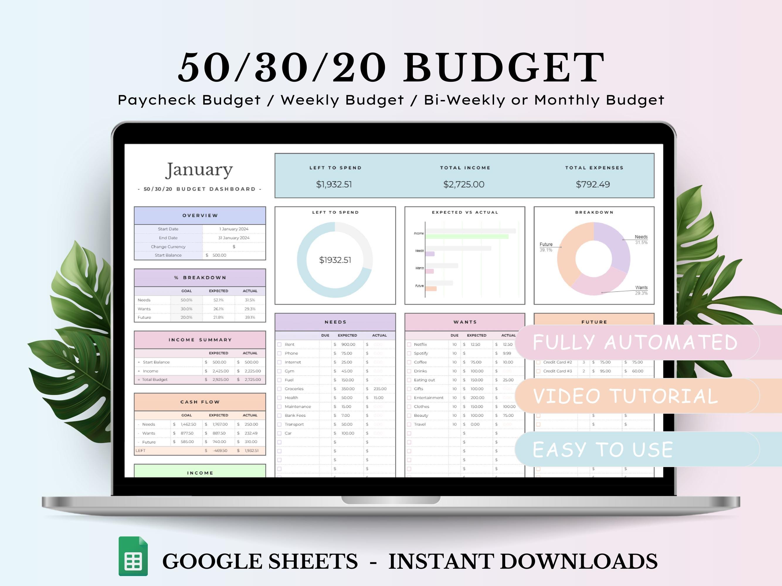 50/30/20 Budget Spreadsheet, Google Sheets Budget Template, Monthly Budget Planner, Paycheck Budget, Weekly Budget, 70/20/10 Budget Tracker