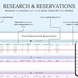 May include: A digital travel research and reservation planner with a light blue and purple color scheme. The document includes sections for destinations, flights, and accommodations, with prompts for adding details and links. Text includes "Research & Reservations" and "Travel Research & Reservation."