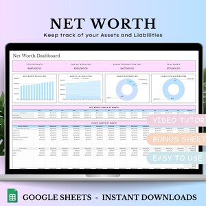 Net Worth Tracker Spreadsheet Template, Google Sheets Budget Template, Net Worth Dashboard, Assets & Liabilities Template, Financial Planner