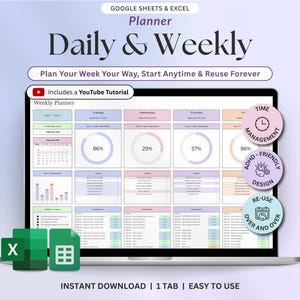 May include: A digital weekly planner for Google Sheets and Excel displayed on a laptop screen. The interface features pastel-colored columns for daily tasks, progress percentages, and schedules. Includes text labels like Daily & Weekly, Time Management, and ADHD-Friendly Design.
