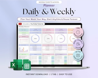 Weekly Planner Spreadsheet, Digital Daily Planner, Google Sheets & Excel Planner, ADHD Time Blocking, Habit Tracker, Productivity Template
