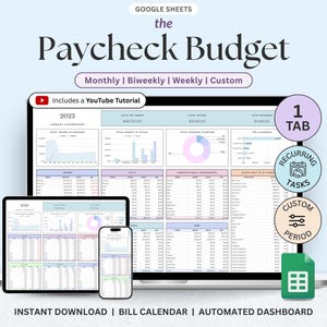 Può includere: Uno strumento digitale di pianificazione finanziaria, "the Paycheck Budget", visualizzato su laptop, tablet e telefono. Il foglio di calcolo include sezioni per entrate, spese e budget, con il testo "Includes a YouTube Tutorial".
