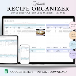Recipe Organizer Spreadsheet Meal Planner Digital Recipe Book Automatic Grocery List Printable Food Inventory Google Sheets Recipe Log