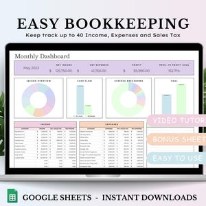 Peut inclure: Un écran d'ordinateur portable affichant un modèle de feuille de calcul Google Sheets pour une tenue de livres facile. La feuille de calcul comprend des sections pour les revenus, les dépenses et la taxe de vente. Le modèle est conçu pour aider les utilisateurs à suivre jusqu'à 40 catégories de revenus et de dépenses. La feuille de calcul comprend également un tableau de bord mensuel avec des graphiques et des diagrammes pour visualiser les données financières. Le modèle est intitulé "Easy Bookkeeping" et comprend le texte "Google Sheets - Téléchargements instantanés".