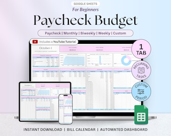 May include: A digital Google Sheets paycheck budget template displayed on a laptop, tablet, and smartphone screen. The interface features pink and blue headers, financial tables, charts, and text including Paycheck Budget, Includes a YouTube Tutorial, 1 TAB, RECURRING TASKS, and CUSTOM PERIOD.