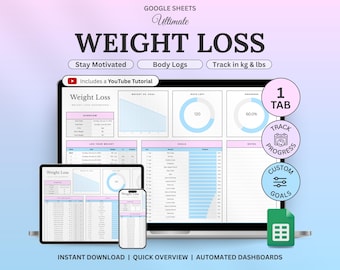 Weight Loss Tracker Spreadsheet for Google Sheets, Weight Journal, Weight Loss Planner, Daily Weekly Weigh-in Chart, Body Measurement Log