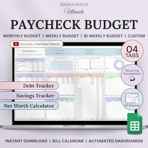 Paycheck Budget Spreadsheet, Google Sheets Budget Template, Budget by Paycheck, Monthly Budget, Weekly Budget, Biweekly Budget Planner