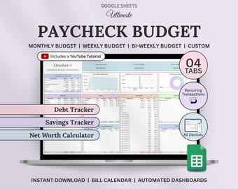 Paycheck Budget Spreadsheet, Google Sheets Budget Template, Budget by Paycheck, Monthly Budget, Weekly Budget, Biweekly Budget Planner