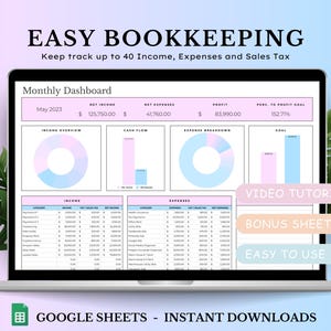 Puede incluir: Una pantalla de computadora portátil que muestra una hoja de cálculo de Google Sheets con un panel de control mensual para la contabilidad. La hoja de cálculo incluye secciones para ingresos, gastos y flujo de caja. El panel de control está diseñado en un esquema de color rosa y azul. El texto en la pantalla dice "EASY BOOKKEEPING", "Keep track up to 40 Income, Expenses and Sales Tax", "Monthly Dashboard", "May 2023", "Income Overview", "Cash Flow", "Expense Breakdown", "Goal", "Video Tutorial", "Bonus Sheet", "Easy to Use", y "GOOGLE SHEETS - INSTANT DOWNLOADS".