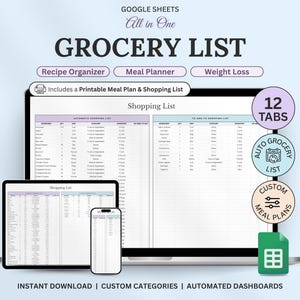 May include: A digital grocery list template displayed on a laptop, tablet, and smartphone. The template includes sections for recipe organization, meal planning, and weight loss. Features include custom categories, automated dashboards, and instant download.