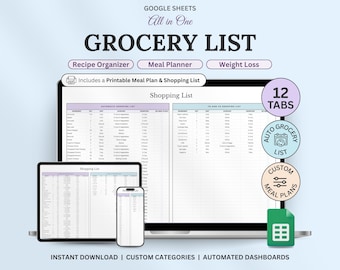 自動食料品リストスプレッドシートテンプレート Googleスプレッドシート デジタル食料品リスト 印刷可能な週間食事プランナー 食料品の編集可能な在庫