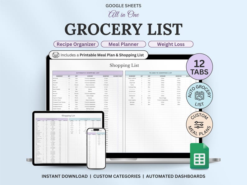 May include: A digital grocery list template displayed on a laptop, tablet, and smartphone. The template includes sections for recipe organization, meal planning, and weight loss. Features include custom categories, automated dashboards, and instant download.