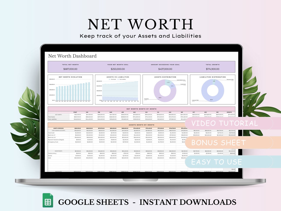 Net Worth Tracker Spreadsheet Template for Google Sheets, Net Worth Net Worth Tracker Spreadsheet Template for Google Sheets, Net Worth
