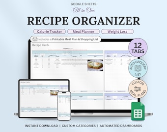 Recipe Organizer Spreadsheet Meal Planner Digital Recipe Book Automatic Grocery List Printable Food Inventory Google Sheets Recipe Log
