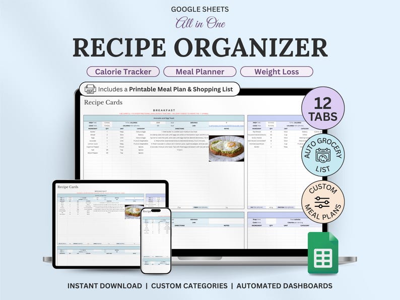 Recipe Organizer Spreadsheet Meal Planner Digital Recipe Book Automatic ...