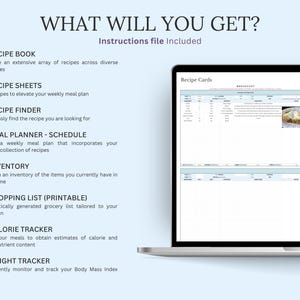 May include: A laptop screen displays a digital recipe card with a breakfast meal. The image also shows a list of features: recipe book, recipe sheets, recipe finder, meal planner, inventory, shopping list, calorie tracker, and weight tracker.