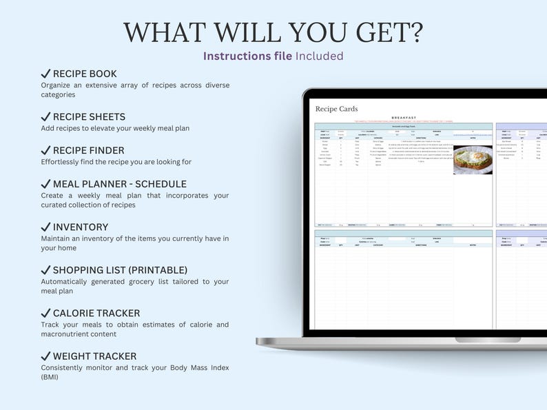 May include: A laptop screen displays a digital recipe card with a breakfast meal. The image also shows a list of features: recipe book, recipe sheets, recipe finder, meal planner, inventory, shopping list, calorie tracker, and weight tracker.