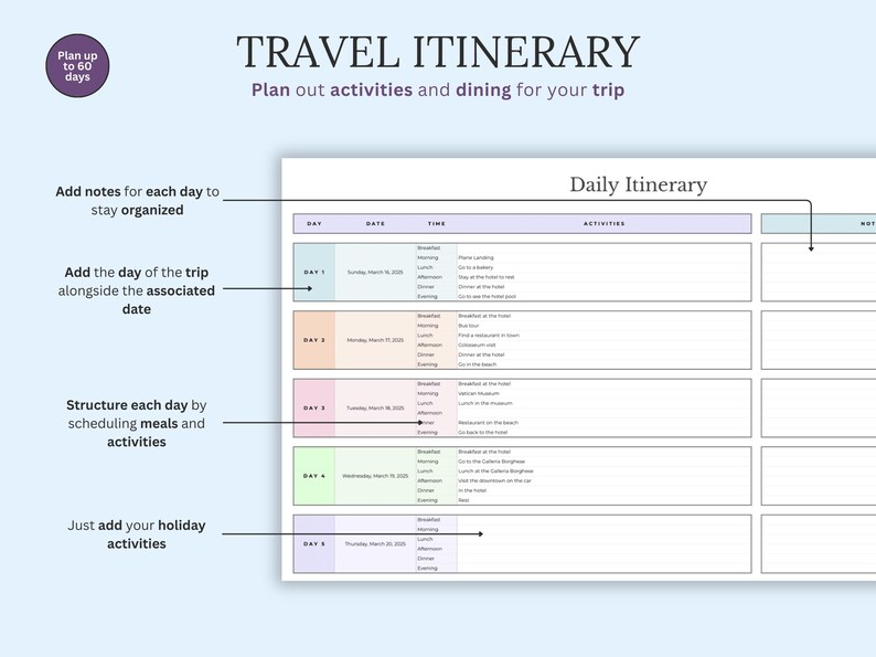 May include: A printable travel itinerary template with a light blue background. The document is titled "TRAVEL ITINERARY" and includes sections for daily activities, dates, and notes. The template allows planning for up to 60 days.