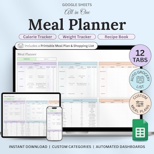 Weekly Meal Planner Spreadsheet Google Sheets Recipe Journal Calorie Tracker Automatic Grocery List Weight Loss Tracker Food Inventory