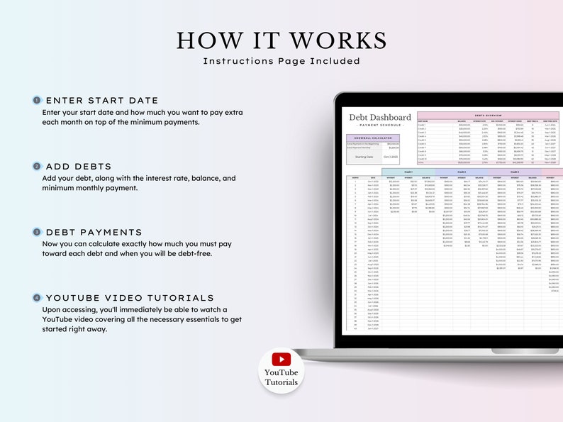 Close-up of the Debt Snowball Calculator template highlighting key features, including debt overview, snowball method calculations, and visual progress trackers.
