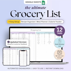 Könnte beinhalten: Eine digitale Einkaufslisten-Vorlage für Google Sheets, dargestellt auf einem Laptop, Tablet und Smartphone. Die Benutzeroberfläche umfasst eine Einkaufsliste, einen Rezept-Organizer, einen Essensplaner und einen Kalorienzähler mit 12 Tabs.
