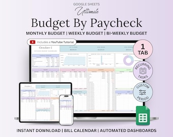Budget By Paycheck Spreadsheet, Google Sheets Budget Template, Monthly Budget, Paycheck Budget Tracker Weekly Budget Biweekly Budget Planner