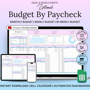Budget By Paycheck Spreadsheet, Google Sheets Budget Template, Monthly Budget, Paycheck Budget, Weekly Budget, Biweekly Budget Planner