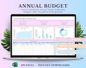 Annual Budget Spreadsheet, Excel Template, Monthly Budget, Paycheck Budget, Biweekly Budget, Expense Tracker, Budget Planner, Debt Tracker