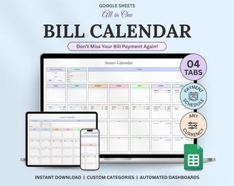 Bill Tracker Spreadsheet, Google Sheets, Bill Calendar, Monthly Smart Bill Planner, Editable Bill Payment Dashboard Personal Finance Planner