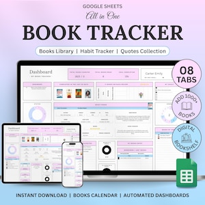 May include: A digital book tracker displayed on a laptop, tablet, and smartphone. The interface is light pink and white, with sections for books library, habit tracker, and quotes collection. The text includes "BOOK TRACKER", "08 TABS", and "ADD 1000+ BOOKS".