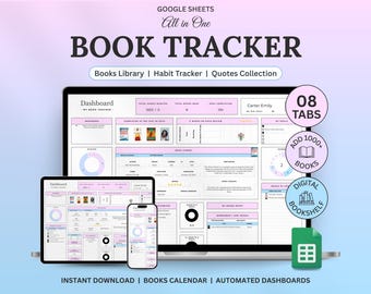 Śledzenie książek i planer listy lektur Arkusze Google Excel Śledzenie czytania Arkusz kalkulacyjny recenzji książek Szablon dziennika książek Prezent dla miłośnika książek