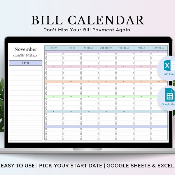 Bill Tracker Spreadsheet, Excel Google Spreadsheets Factuurkalender, Maandelijkse Bill Planner, Excel-budgetsjabloon, Financiële Planner, Financiële Planner
