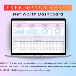 May include: A laptop computer displaying a spreadsheet with a net worth dashboard. The spreadsheet includes charts and graphs with data about assets and liabilities. The text on the screen reads "Net Worth Dashboard".