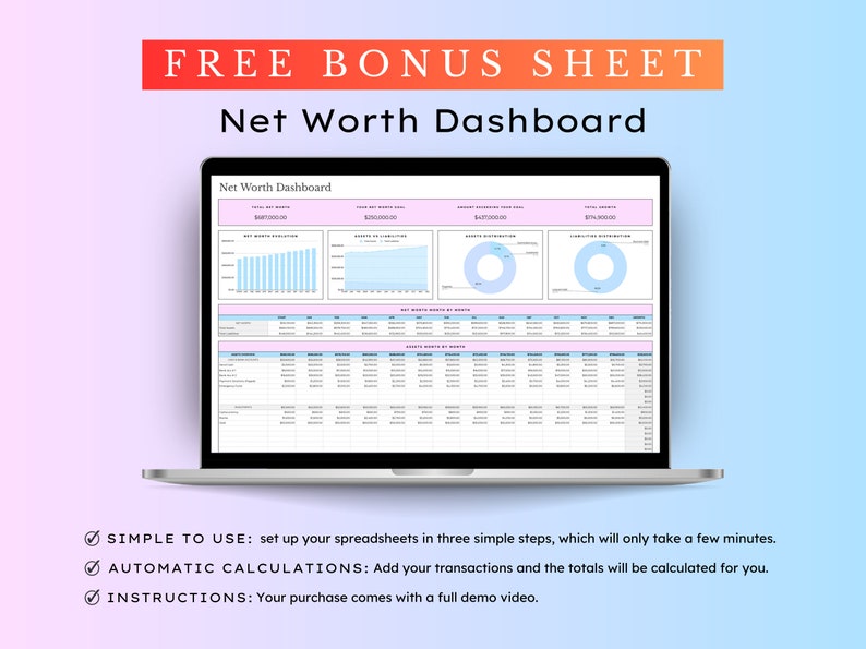 May include: A laptop computer displaying a spreadsheet with a net worth dashboard. The spreadsheet includes charts and graphs with data about assets and liabilities. The text on the screen reads "Net Worth Dashboard".