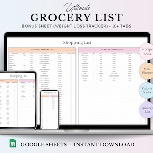 自動食料品リストスプレッドシートテンプレート Googleスプレッドシート デジタル食料品リスト 印刷可能な週間食事プランナー 食料品の編集可能な在庫