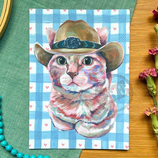 Cute Cowboy Cat Print 5"x7" Colorful Western Cat Painting Southwestern Cowgirl Cat Art Print Country Cat Painting Cowgirl Wall Decor Western