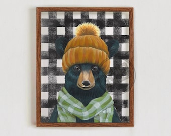 Hand Painted Black Bear Art Print, Woodland Nursery Decor (8x10