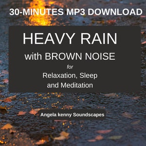May include: A black and white text graphic on a dark grey background. The text reads "30-MINUTES MP3 DOWNLOAD HEAVY RAIN with BROWN NOISE for Relaxation, Sleep and Meditation Angela kenny Soundscapes". The graphic is overlaid on a photo of a wet, dark surface with fallen leaves.
