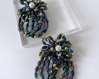 Statement Iridescent Blue-Green Beaded Earrings. Flower Shape Earrings. Clip on. From 1980's to 1990's