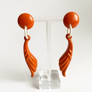 Dangle Orange Long Earrings. 1980's.  Mod Style. Orange & Ivory Plastic.