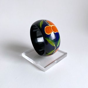 Wood Hand Painted Bracelet Bangle. Dark Blue. Orange Flowers. image 1