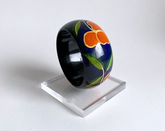 Wood Hand Painted Bracelet Bangle. Dark Blue. Orange Flowers.