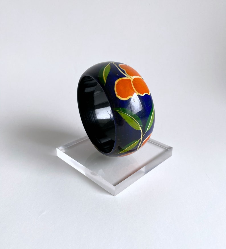 Wood Hand Painted Bracelet Bangle. Dark Blue. Orange Flowers. image 1